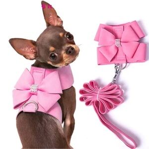 NEW 2 Piece Small Pink Toy Breed Ultra Soft Suede Harness Jeweled Rhinestone Bow